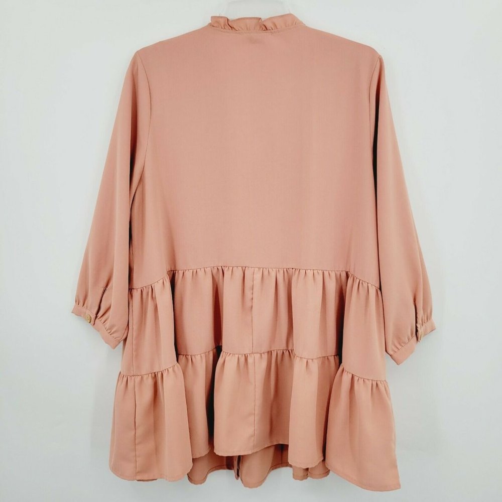 Entro Button-up Tiered Tunic Pink Size L Quarter Sleeve Solid Ruffle Split Neck - Picture 6 of 11